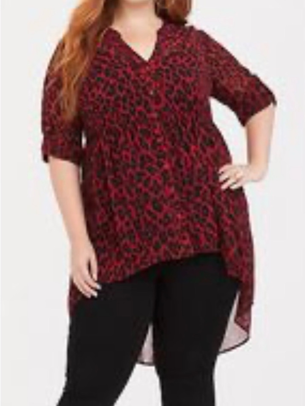 EUC Torrid Red Leopard High Low Sheer Button Up Blouse Tunic Size 1 14/16 1X